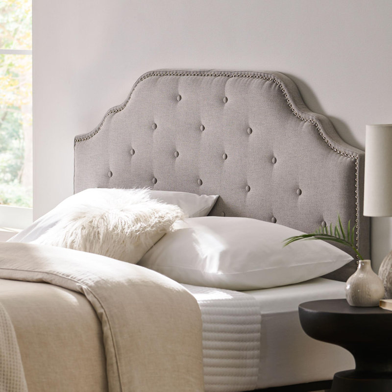 Button tufted design headboard with nailhead trim, Fabric Light Gray