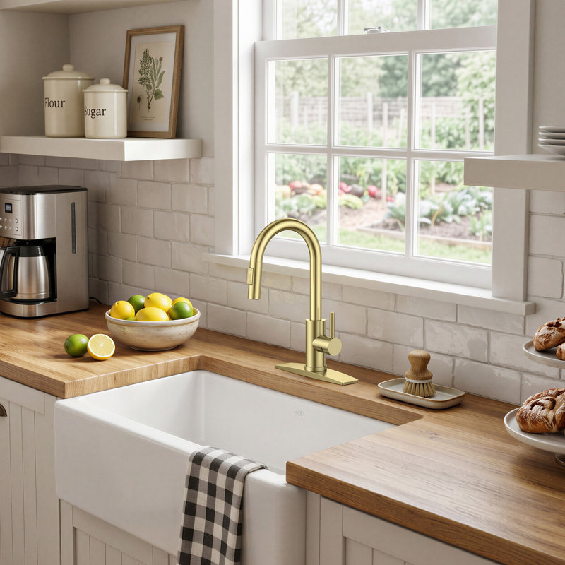 Pull Down Single Handle Kitchen Faucet With Deck Plate, Handles and Supply Lines, Brushed Gold
