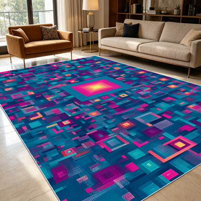 1pièce tapis de mosaïque abstraite géométrique mauve à motif géométrique de carrés carrés de couleur rose foncé et bleu sarcelle pour le salon, doux et confortable, convient à toutes les saisons, facile à entretenir, tapis d'intérieur lavable à la machine, sous la table de ferme convenant à la salle à manger ...