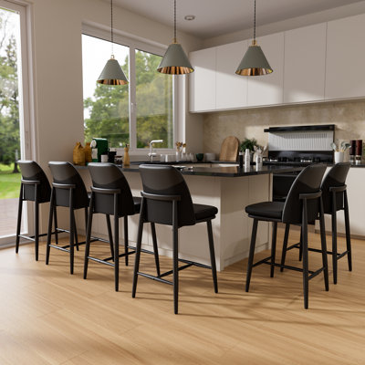 Bar Stools Set of 6, Upholstered Counter Height Bar Stools, Counter Stools 26 Inch Barstools with Back, Metal Legs and Textured Leather&Fabric for Kitchen Island Dining Room, Black