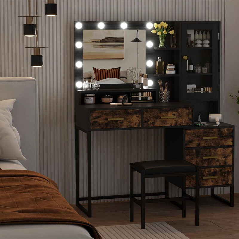 Coiffeuse de maquillage avec miroir, lumières et ampoules à DEL, Noir / brun