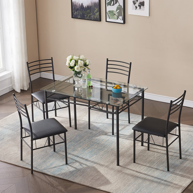 TC 5 Piece Dining Table and Chairs Set Glass Metal Home Kitchen Breakfast Furniture
