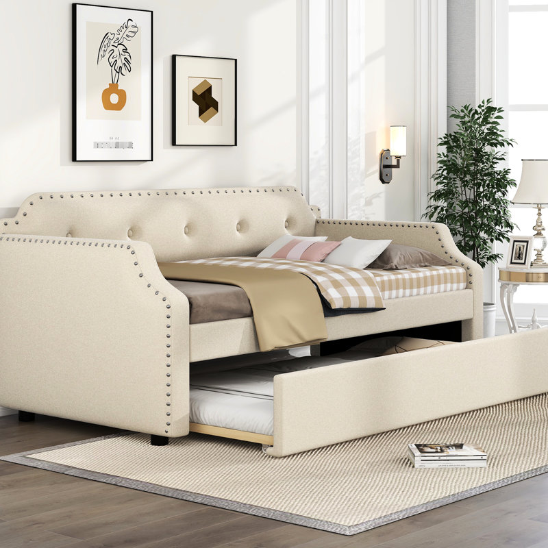 Lit de jour simple rembourré avec couchette, revêtement en lin beige, pour chambre d'amis