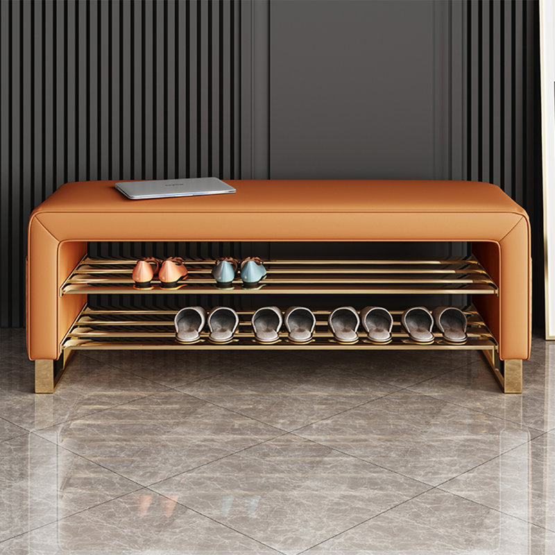 Orange Upholstered Leather Storage Entryway Bench, Orange