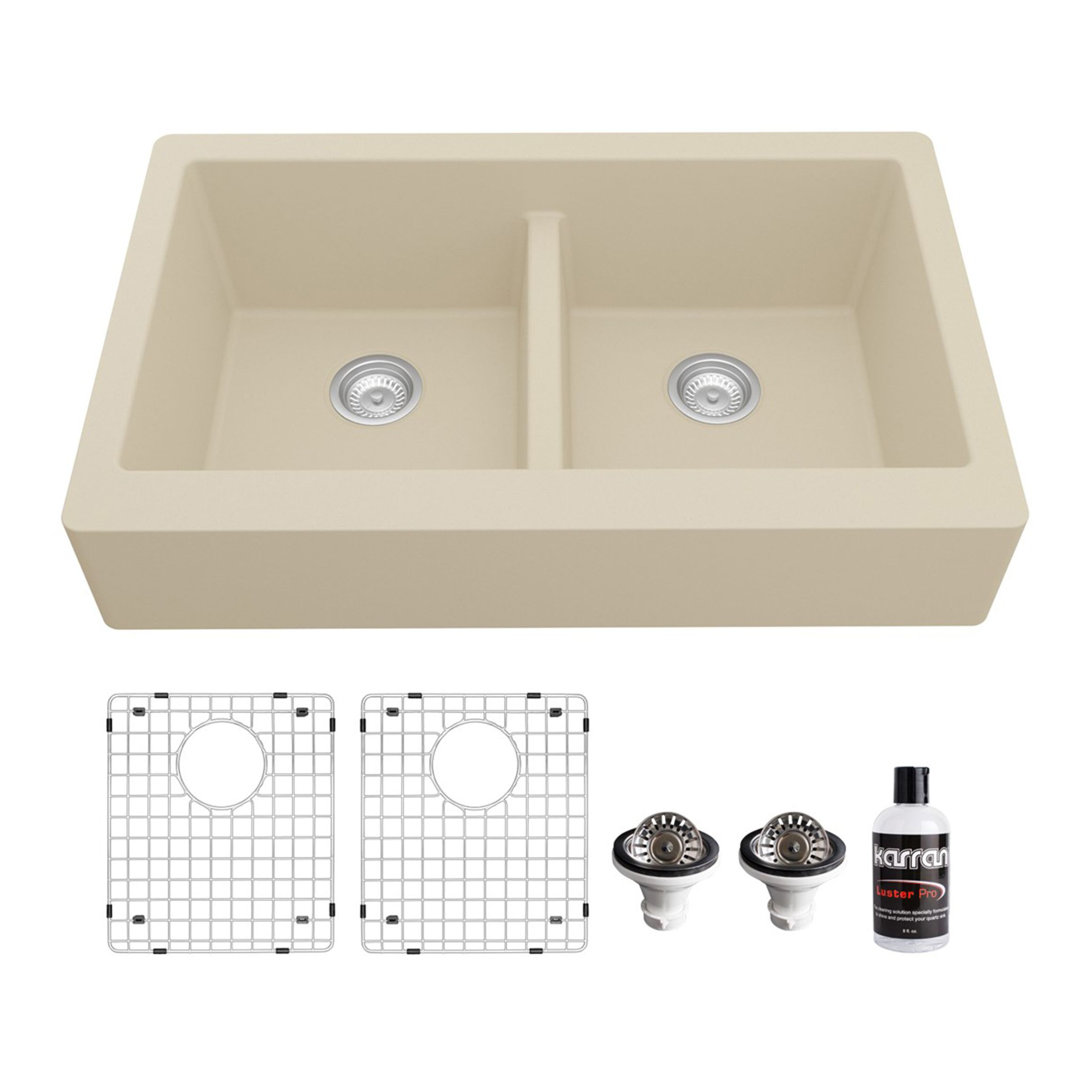 Karran Quartz 34'' X 21-1/4'' Double Bowl 50/50 Retrofit Farmhouse/Apron Front Kitchen Sink Kit Karran