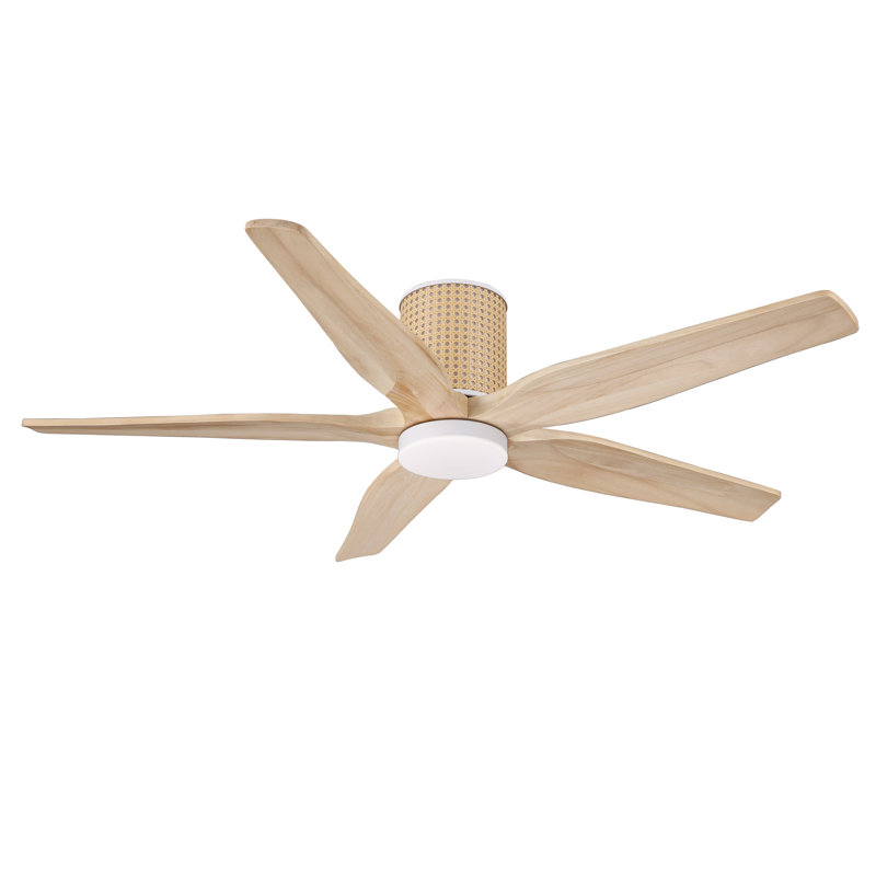 54'' 5 Blades Flush Mount Ceiling Fan With Light Solid Wood Blades Remote Quiet Reversible DC Motor Natural Wood Blades