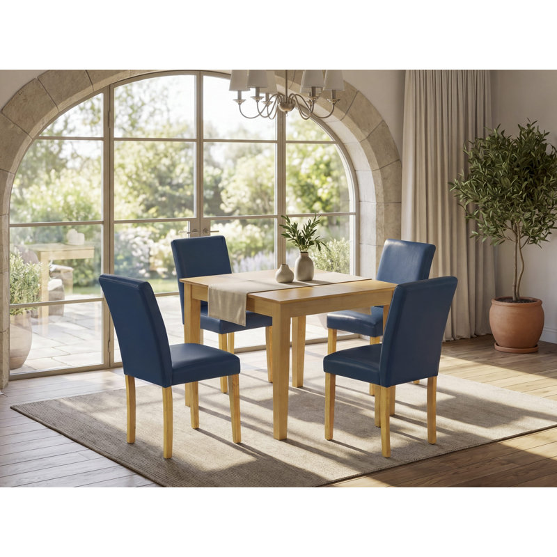 Ensemble de table de salle à manger moderne 5 pièces comprenant une table carrée en bois et 4 chaises rembourrées en similicuir bleu Oasis, chêne