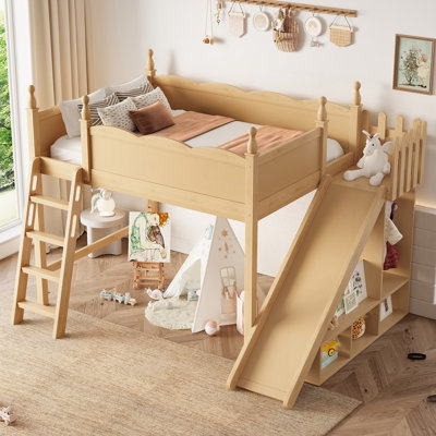 Full Loft Bed With Storage Shelves And Wardrobe, Solid Wood Loft Beds With Detachable Slide And Ladders, No Spring Box Needed,Natural.(Patent Protecti