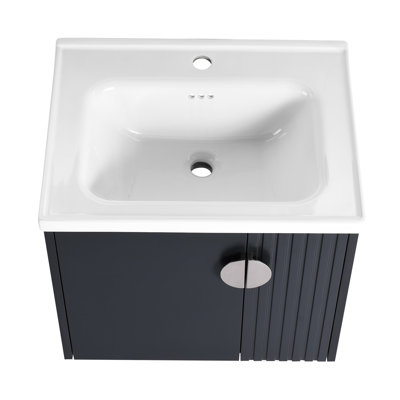 Meuble-lavabo mural 28 po avec lavabo en céramique - style moderne pour les petites salles de bain Portes à fermeture en douceur et poignées en métal Porte de lavabo noire