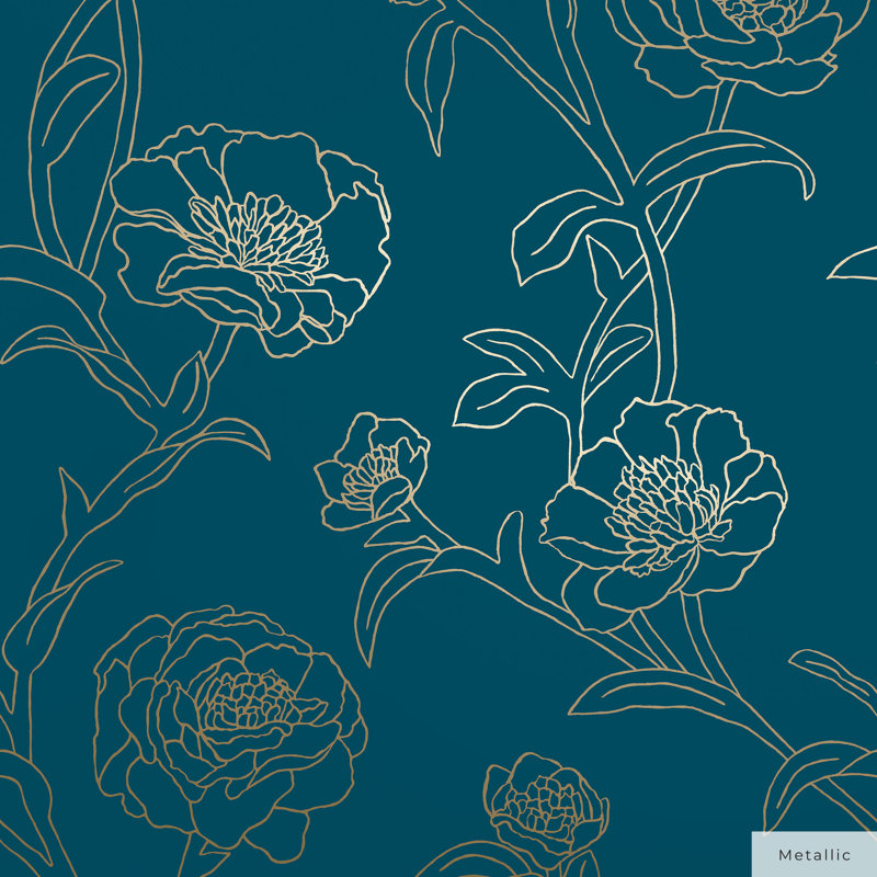 Marlee 33' L x 20.5" W Textured Peel and Stick Wallpaper Roll, 16.5" L x 20.5" W, Peacock Blue/Metallic Gold