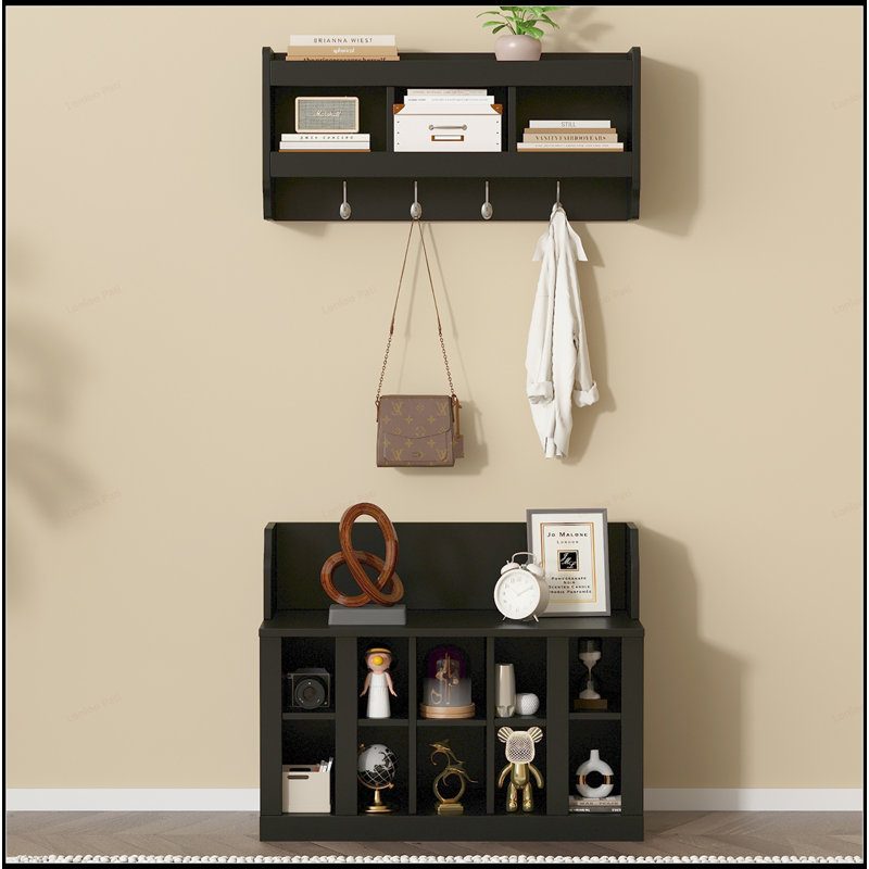 Versatile Shoe Storage Bench with Hooks and Shelves for Organized Entryways, Durable and Stylish Design, Black