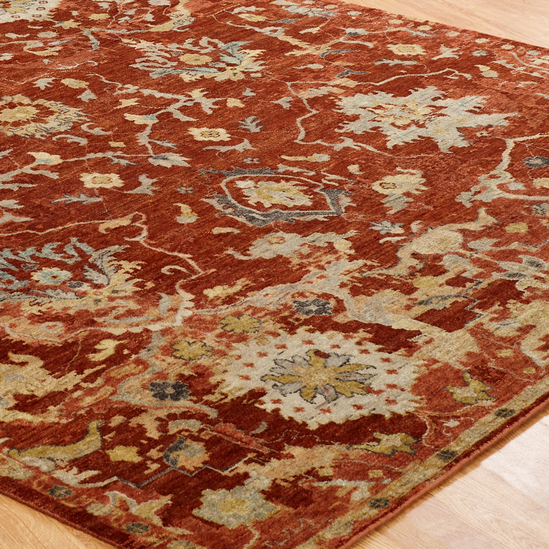Dejone Hand Knotted Wool Area Rug in Red, Rectangle 8' x 10'