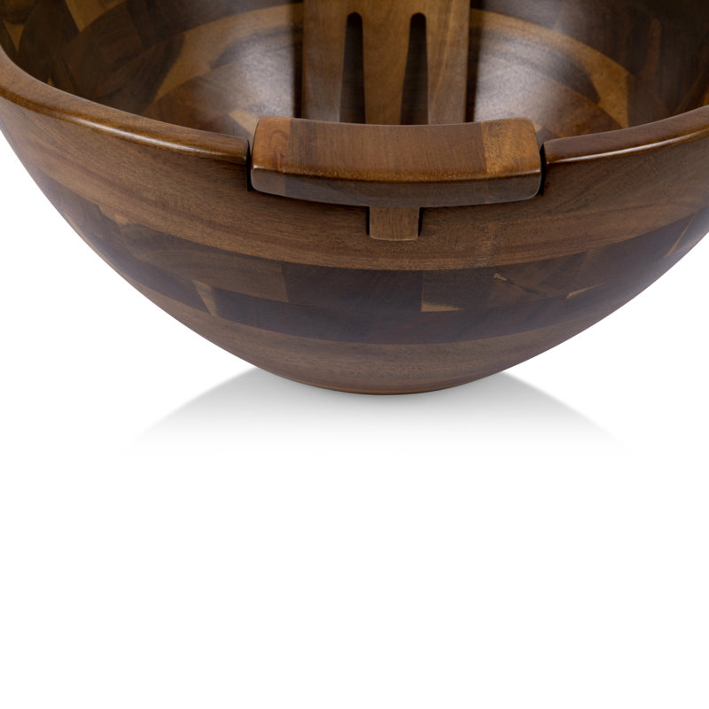 Acacia Wood Salad Bowl with Integrated Tossing Tools