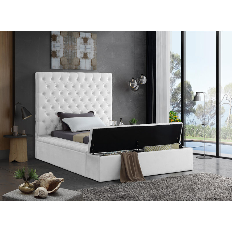 Lit plateforme tapissier avec rangement Johnnay, Velours blanc, Simple