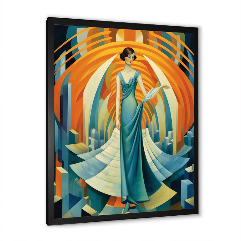 Art Deco Cosmopolitan Gracieuse danseuse en bleu - mode femme, reproduction sur toile encadrée, Cadre simple noir