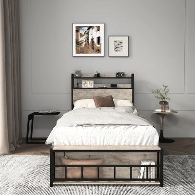 Cadres de lit simple à DEL personnalisables avec rangement et station de charge, conception stable et silencieuse, sans sommier, fonction profonde de 87,52 po, ressort nécessaire, idéal pour la chambre à coucher, couleur gris-noir, matériau métallique