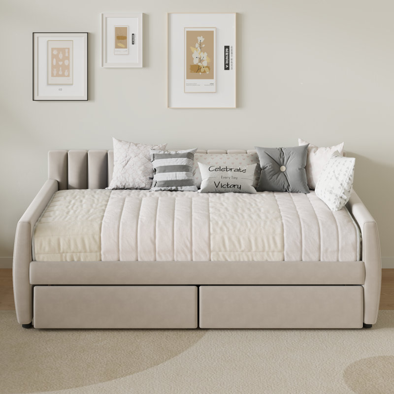 Aghwith Twin Size Upholstered Velvet Daybed with 2 Drawers - Space Maximization, No Box Spring Needed, Beige