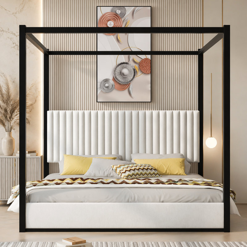 Lit plateforme à baldaquin avec tête de lit et structure en métal Upholstery, Noir blanc