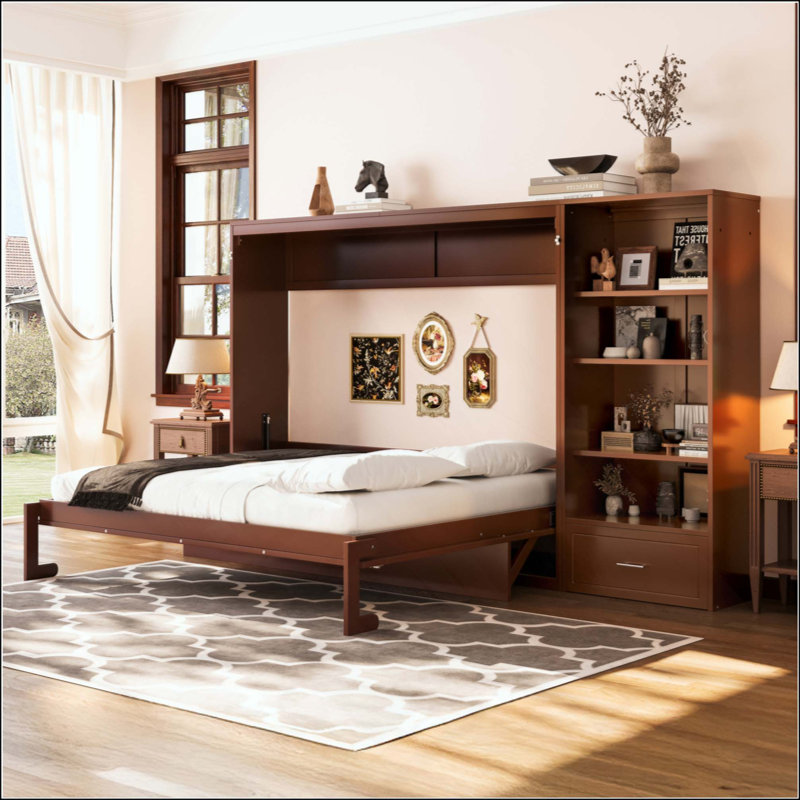 Grand lit escamotable avec compartiments de rangement à hauteur réglable et tablette, cadre de lit mural avec 1 tiroir, lit plateforme pliable multifonctionnel pour petit espace, chambre à coucher, chambre d'amis