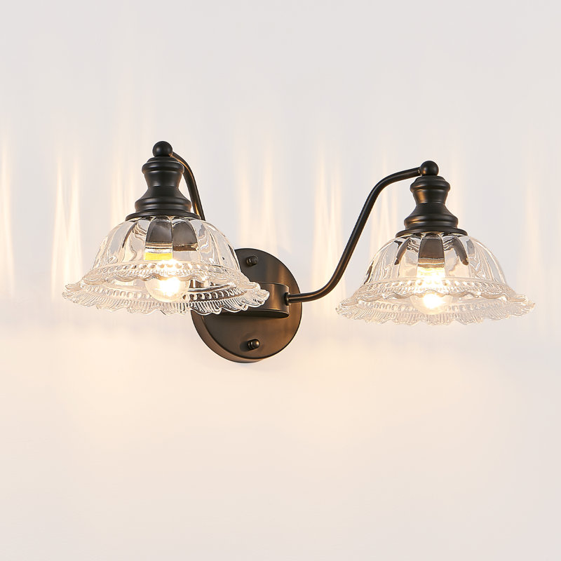2-Light Vintage Bathroom Wall Sconce – Elegant Black Metal And Glass Lampshade Vanity Light Fixture