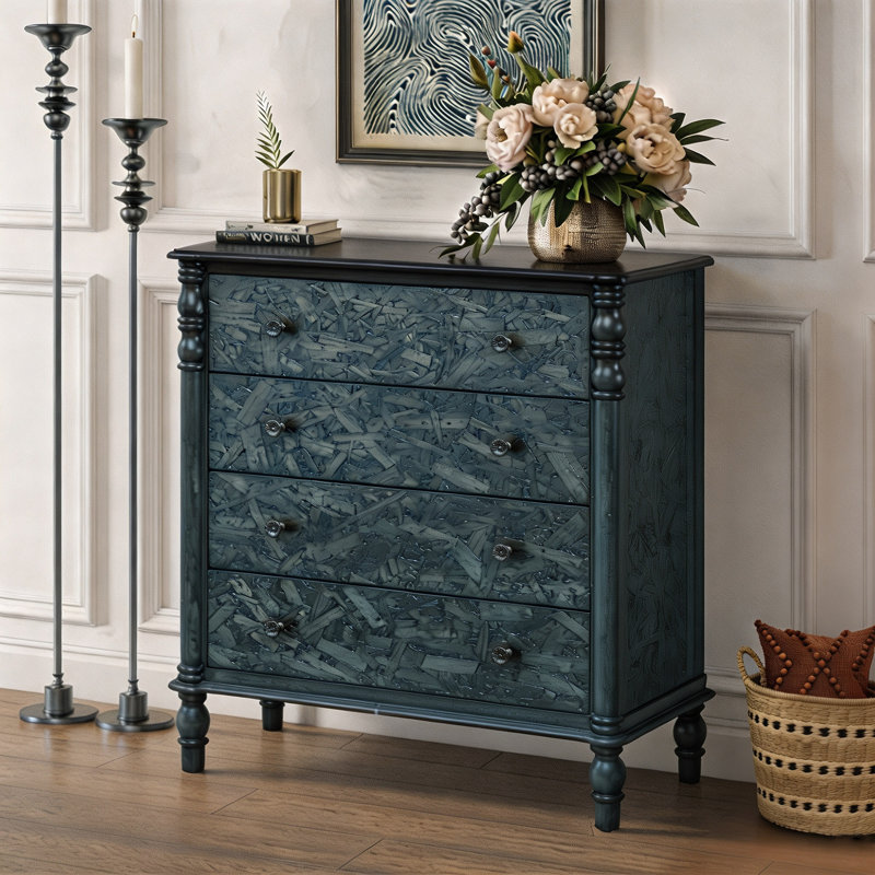 Buffet en bois de 81 cm de hauteur, commode à 4 tiroirs pour chambre, couloir ou entrée., Marine