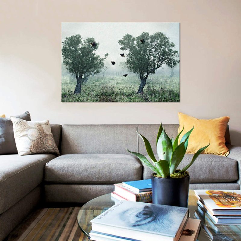 «Crows in the Mist» par S. Amer - Estampe numérique sur toile tendue sur toile, H 8 po x l 12 po x P 0,75 po, Toile tendue
