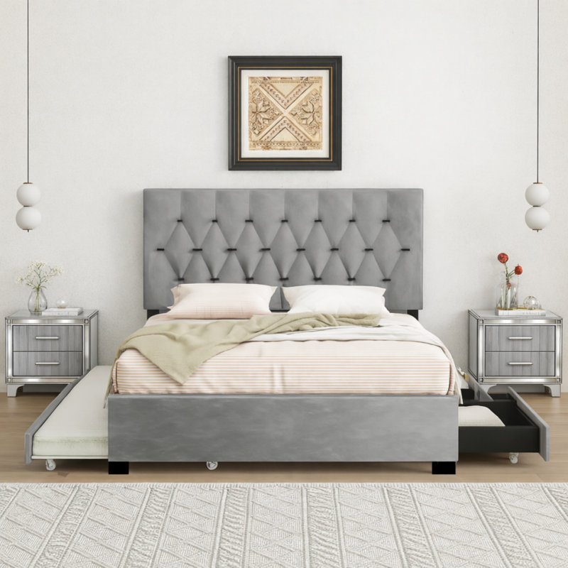 Grand lit plateforme tapissier avec lit gigogne coulissant et 2 tiroirs de rangement, comprenant 2 tables de chevet en acrylique, ensemble de mobilier de chambre gris