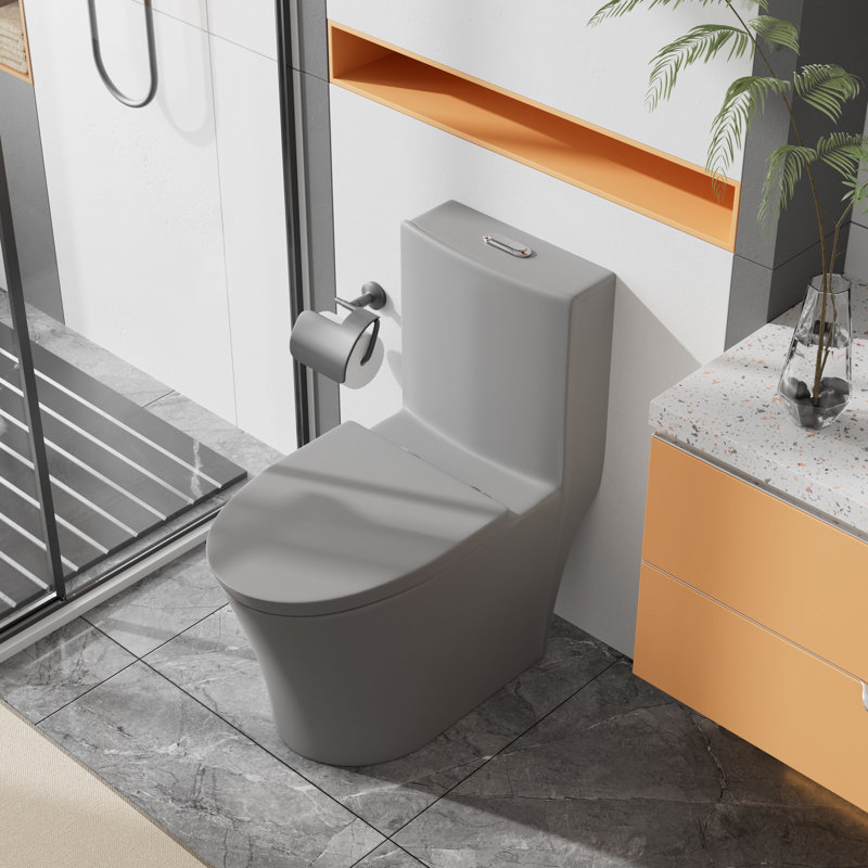 Elongated One-Piece Toilet with Dual Flush, Skirted Design and Soft-Close Seat, Gray