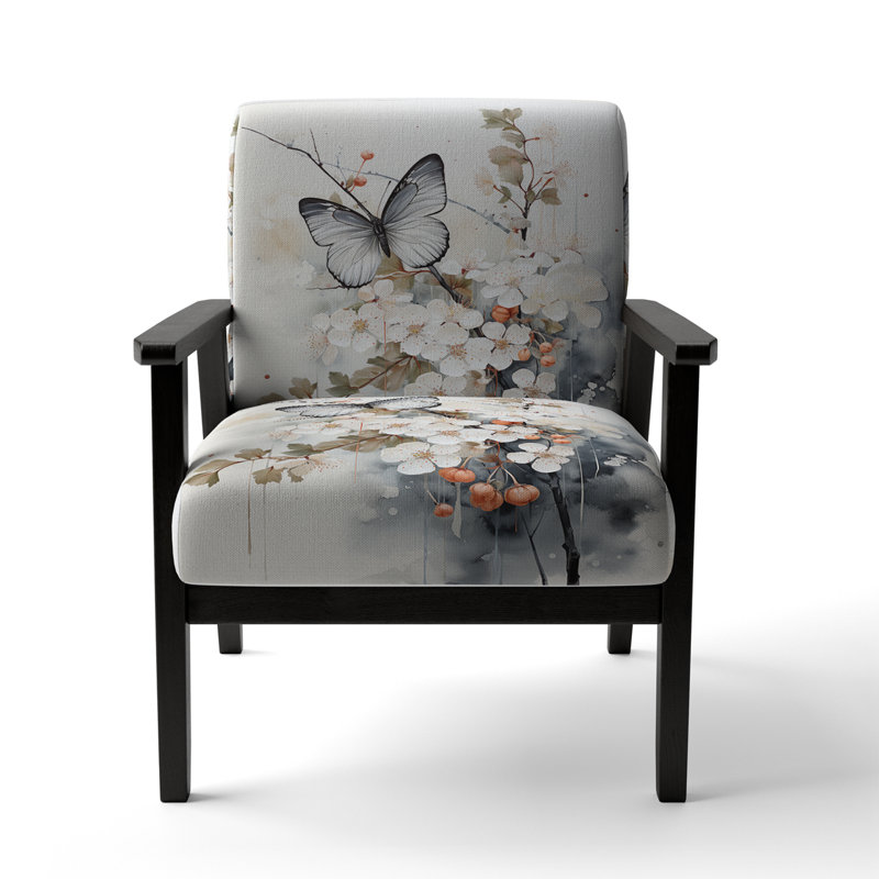 Asian Art White And Grey Butterfly - Upholstered Asian Accent Chair and Global Arm Chair - Multiple Color & Pattern, Black