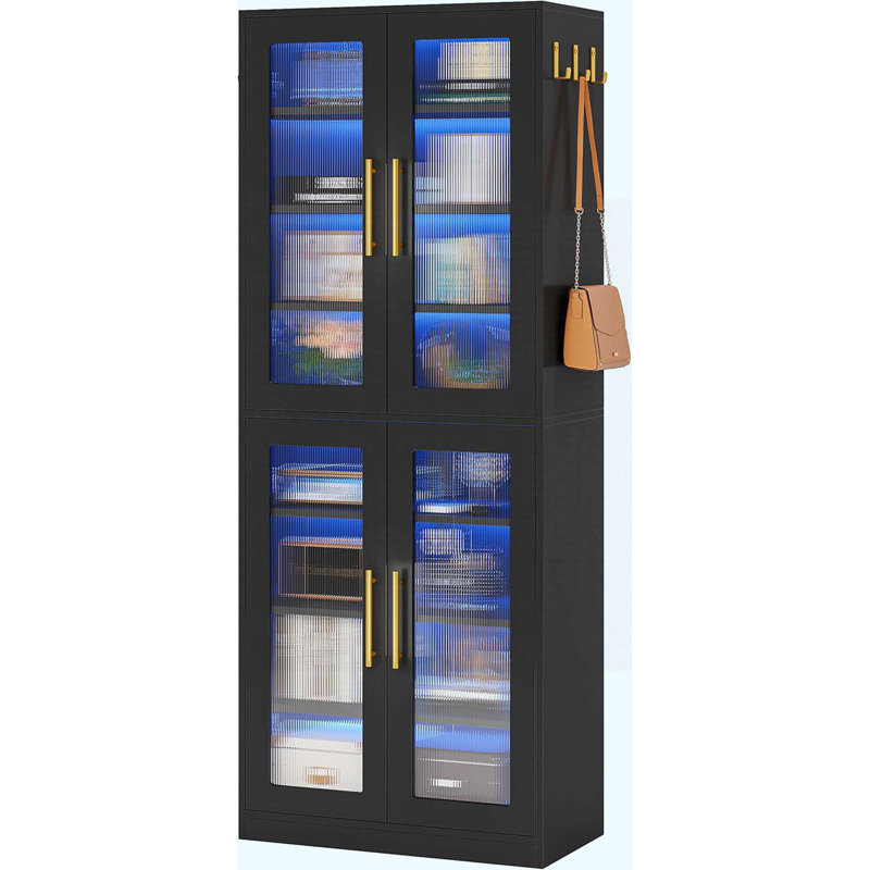 Bibliothèque de 67 po de hauteur avec portes, éclairage DEL et 8 tablettes de rangement réglables, Noir