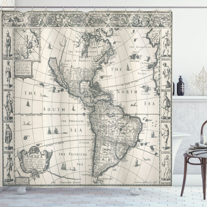 Ensemble de rideau de douche avec crochets World Map, H 70 po x l 69 po