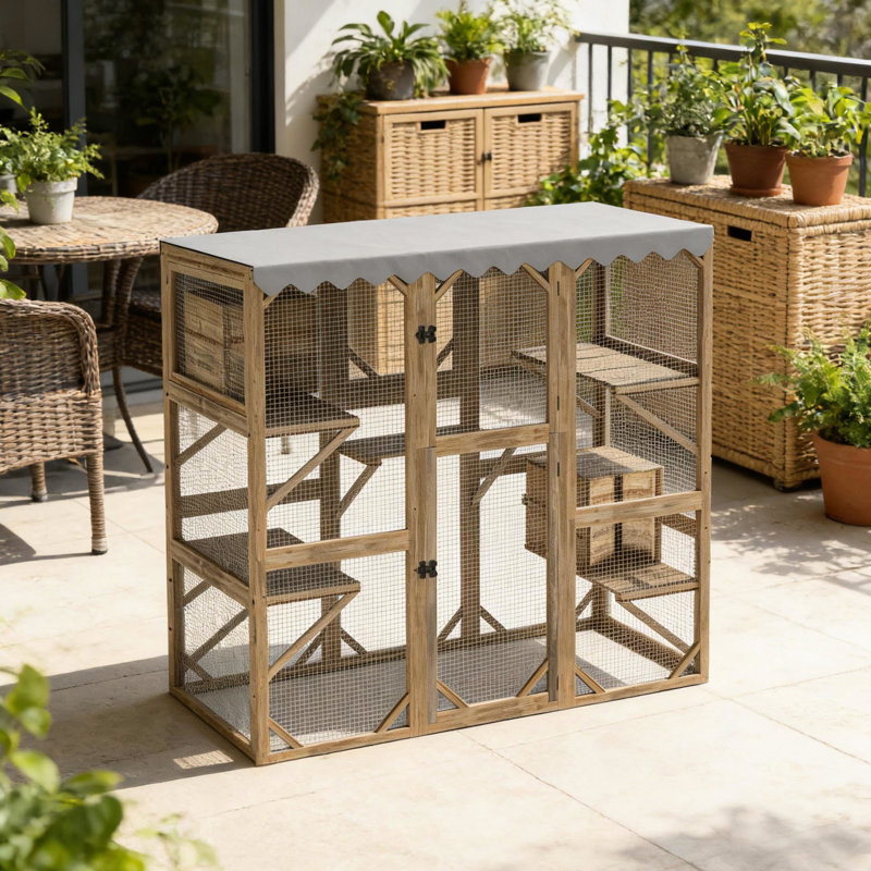 Enceinte pour chats pour chat, conception à plusieurs niveaux, système à quatre portes à extension facile, cinq plateformes, deux boîtes, bois massif et filet galvanisé, bâche imperméable