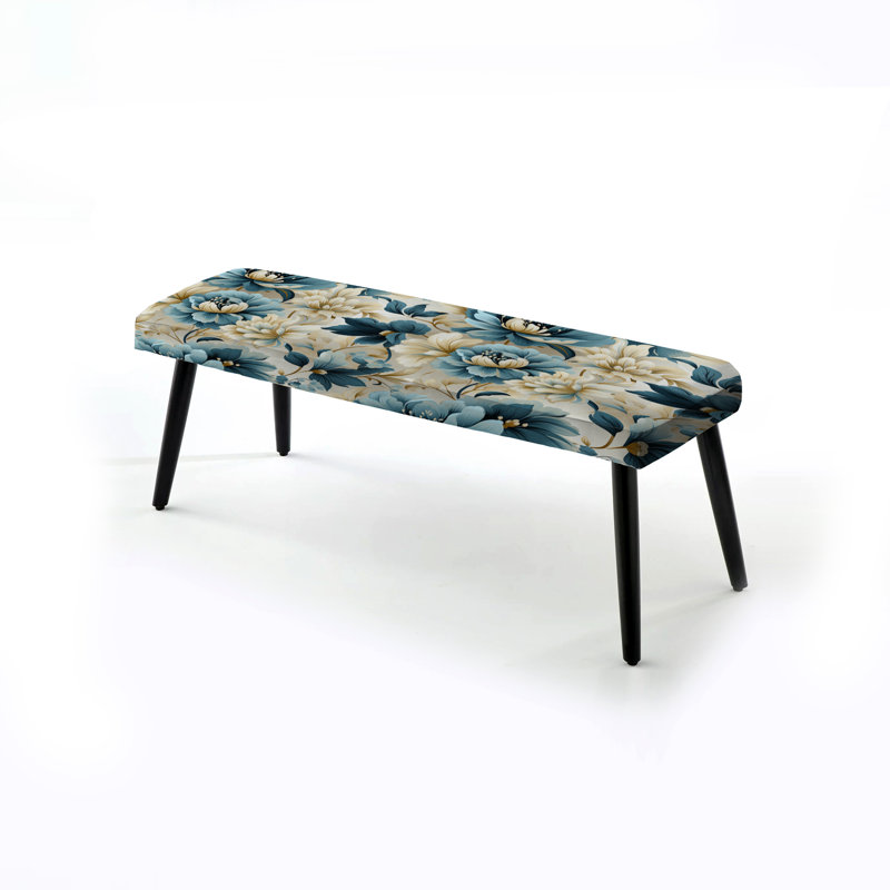 Banc rembourré floral noir Truong, Blue And White Peonies Damask Flowers