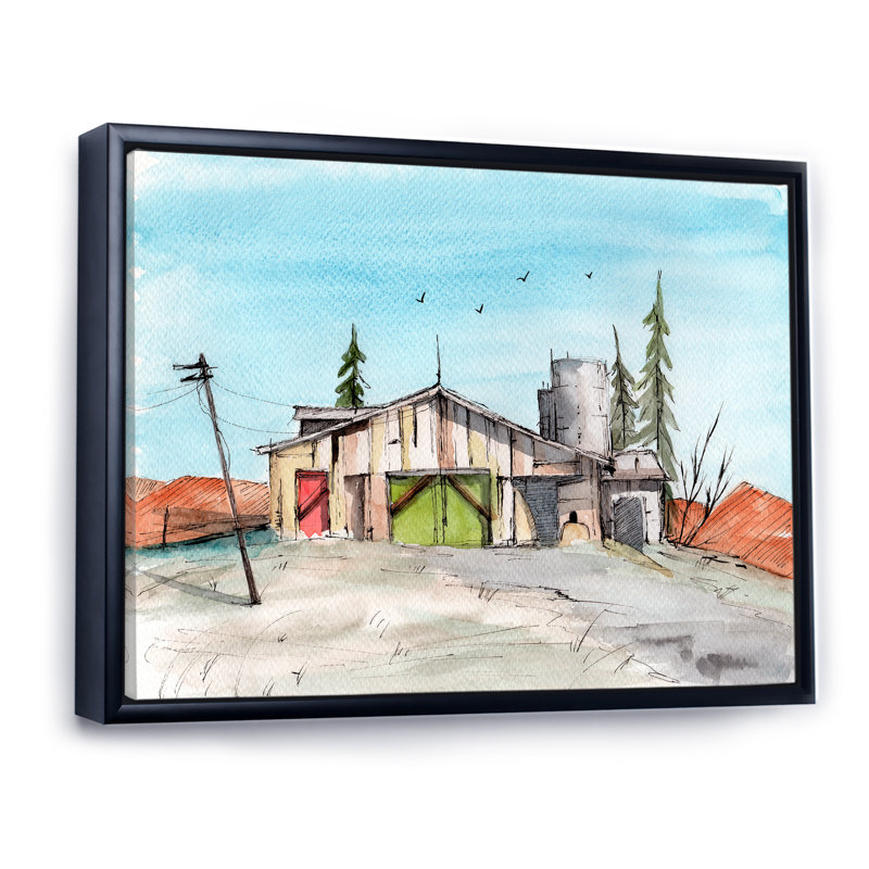 Impression sur toile en bois avec grange en bois avec porte verte, H 12 po x l 20 po, Cadre flottant noir
