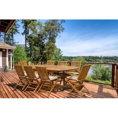 Addilyn 8 - Person Teak Wood Patio Dining Set with Extendable Oval Table , Sunbrella® Cushions Included