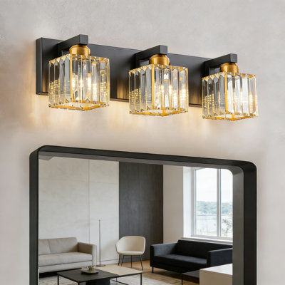 Modern Black Gold Crystal Bathroom Vanity Light Fixture - 3-Light Wall Mounted Dimmable Lighting With K9 Crystal Shade For Mirror Overlay, E26 Socket Compatible