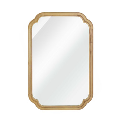 Natural Wood Color 20" x 30" Solid Wood Frame Rounded Corner Decorative Mirror, For Bedroom, Bathroom, Living Room, Entryway