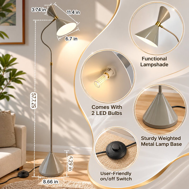 57.7" Modern Minimalist Floor Lamp, Adjustable Lampshade & Foot Switch,For Living Room, Bedroom, Office(Bulb Include), Gray