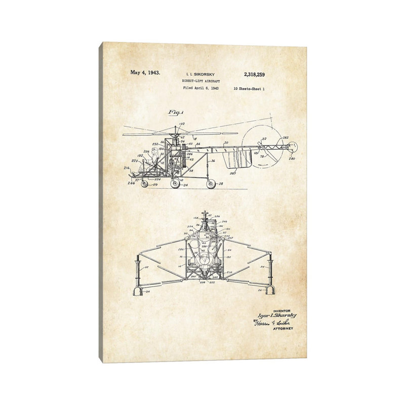 «Sikorsky Helicopters» par brevet77 - reproduction de dessin sur toile tendue, H 12 po x l 8 po x P 0,75 po