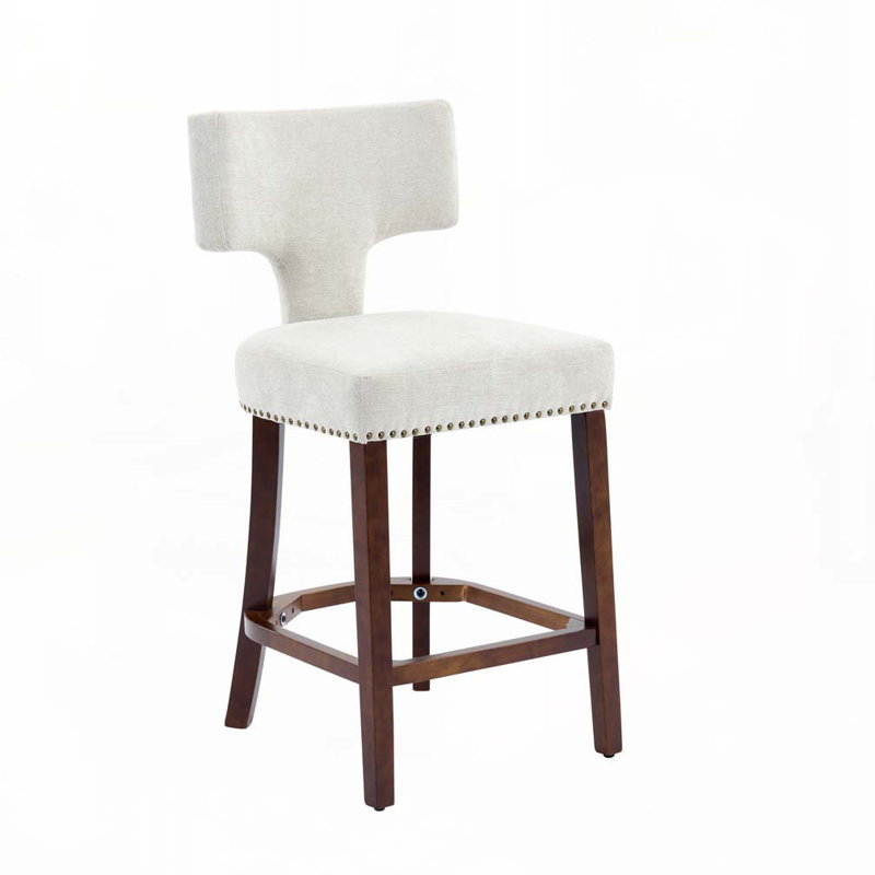 Ensemble de tabourets de bar revêtus de lin avec dossier incurvé, clous en cuivre, Beige