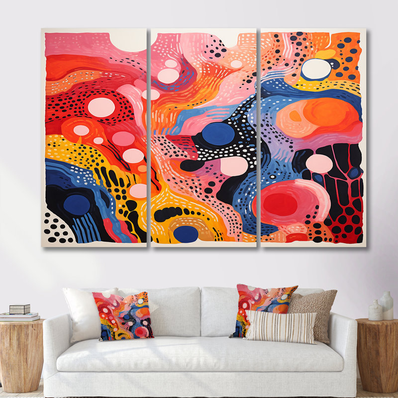 Ensemble de salon Bubble Colorfields - couleurs primaires rétro - vagues fractales, Toile tendue, H 32 po x l 48 po x P 1 po