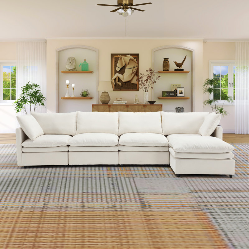 Merchelle 130"W Modular Setional, RAF, LAF, Sofa Set, Beige Polyester