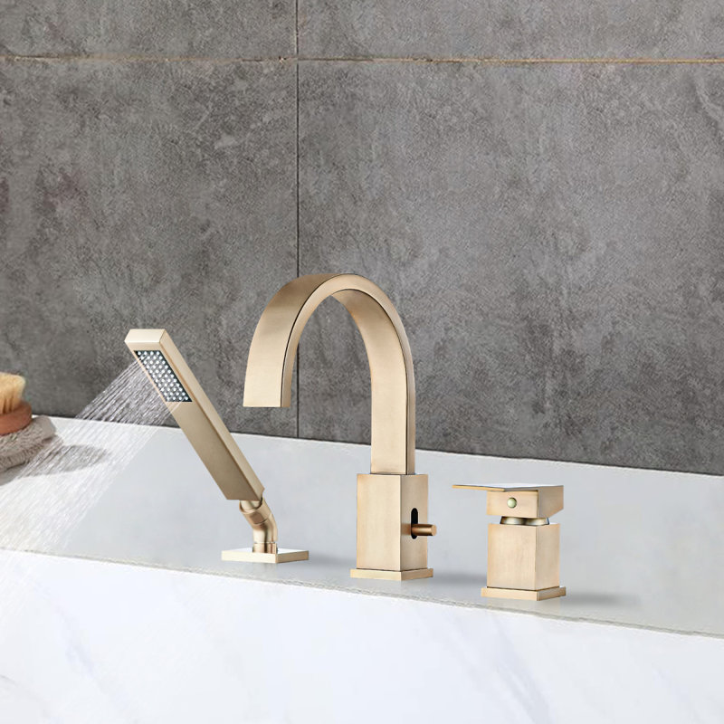 Robinet de baignoire cascade avec pulvérisateur, robinet de baignoire romaine à 3 trous avec douchette à main, Or brossé