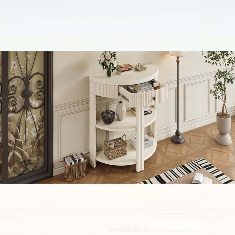 Console cannelée demi-lune avec tiroir et 2 tablettes, pour hall d'entrée et couloir, crème, Crème, Crème, Crème