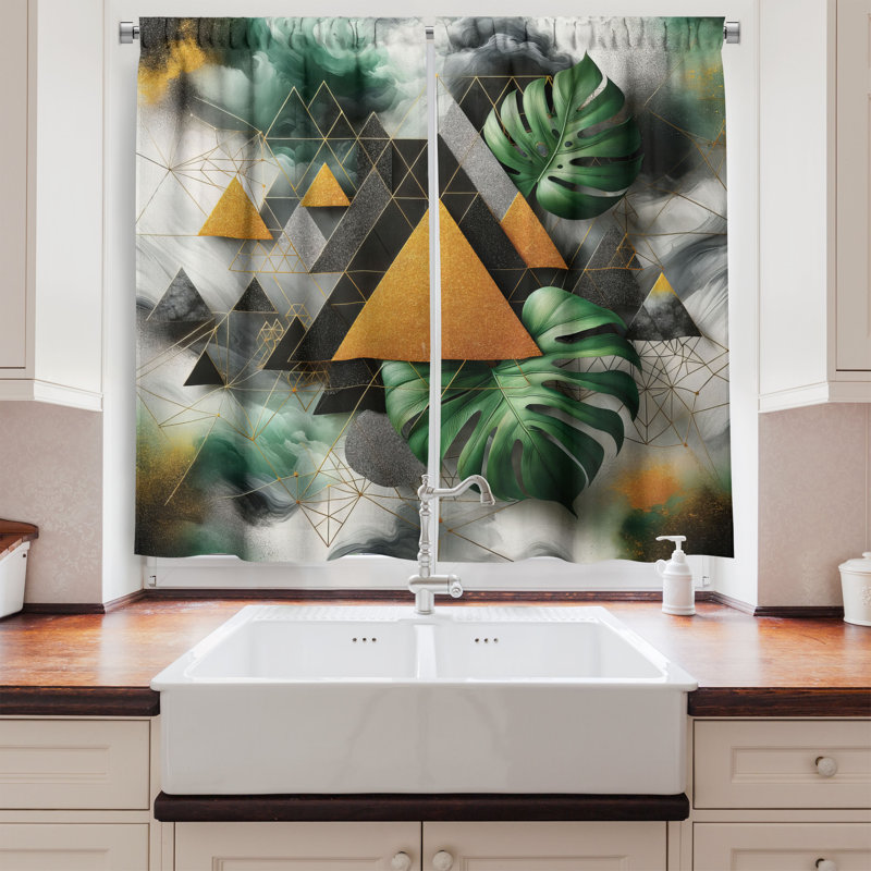 Abstract Green and Gold Polyester Kitchen Window Curtains, 55" x 36", Set of 2