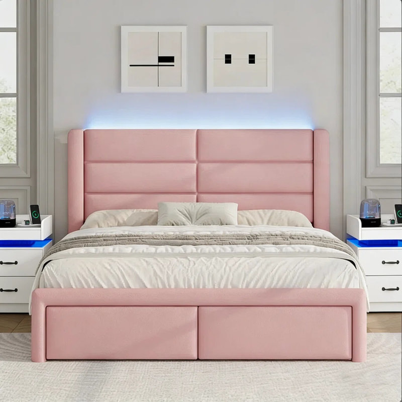 Faux Leather Upholstered Bed Frame with Headboard + 2-Drawer Nightstand with Charging Station, USB Ports & Outlets, Complete 3-Piece Bedroom Set