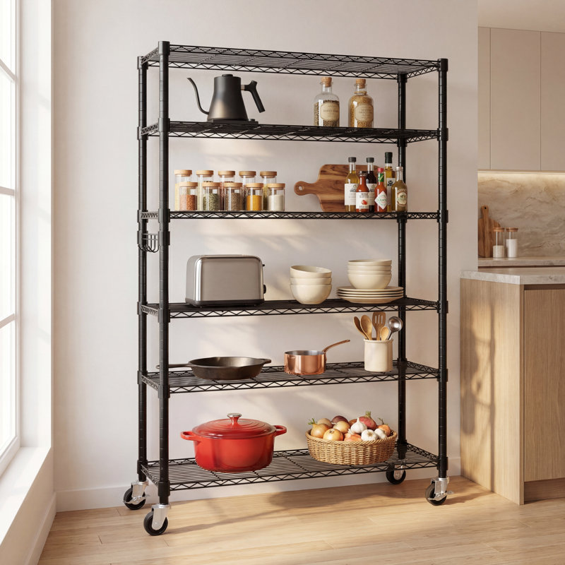 Étagère robuste à hauteur réglable avec roulettes, pieds de nivellement, (6 tablettes) H 82 po x l 46 po x P 18 po, Noir