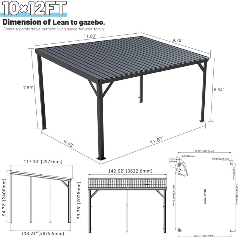 10X12ft Lean To Gazebo, Outdoor Hardtop Wall Mounted Gazebo With Sloping Galvanized Steel Roof, Upgraded Heavy Duty Mounted Shelter With Drainage System For Deck, Porch, Backyard