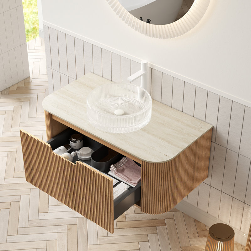 Meuble-lavabo flottant de qualité supérieure avec rangement, armoire à grain de bois et lavabo en verre pour les salles de bain modernes