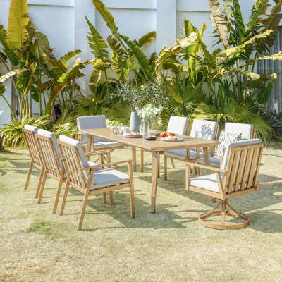 Seehill 9 Pieces Outdoor Dining Set For 8, Aluminum Patio Dining Set With 2.2" Umbrella Hole, All-Weather Outdoor Patio Furniture Set With 2 Swivel Chairs For Decks, Garden, Backyard, Maple Wood
